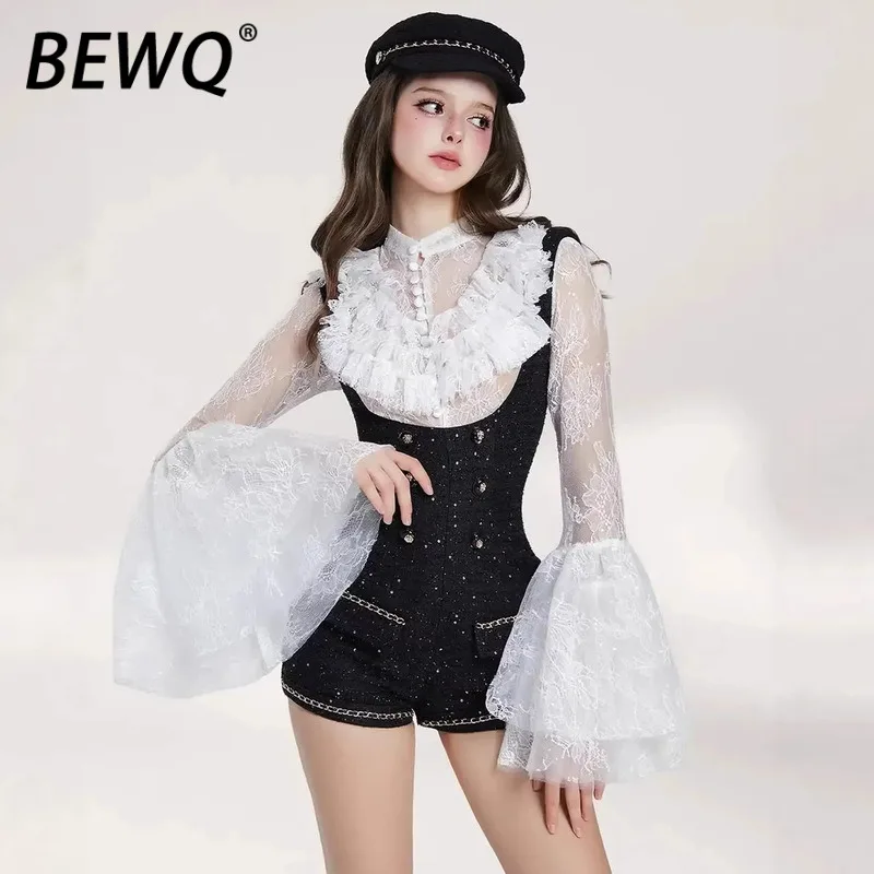 

Модный женский комбинезон BEWQ с круглым вырезом, длинными рукавами, кружевными вставками, завышенной талией и контрастным дизайном, весна 2026, новинка