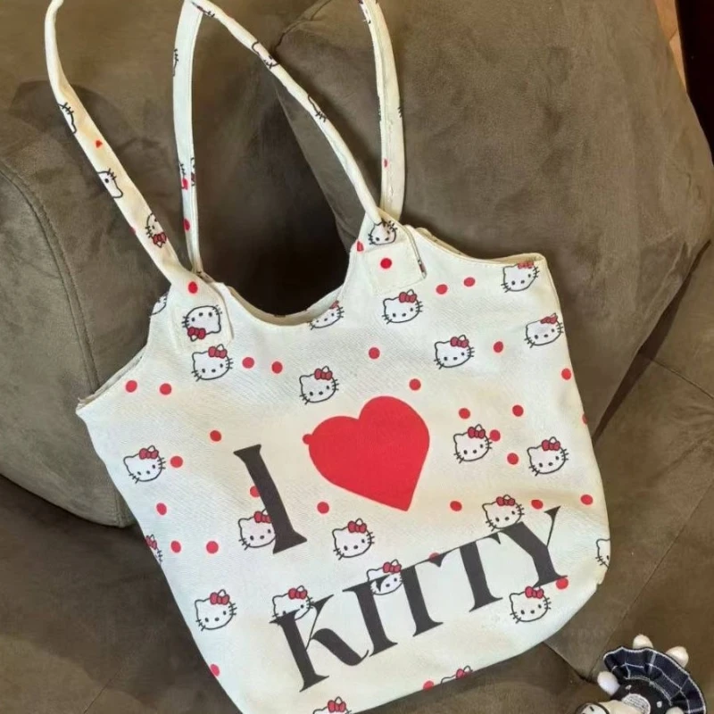 

Холщовая сумка с героями мультфильмов «Hello Kitty», модная женская сумка, милая универсальная сумка на плечо для покупок, очень большая вместимость