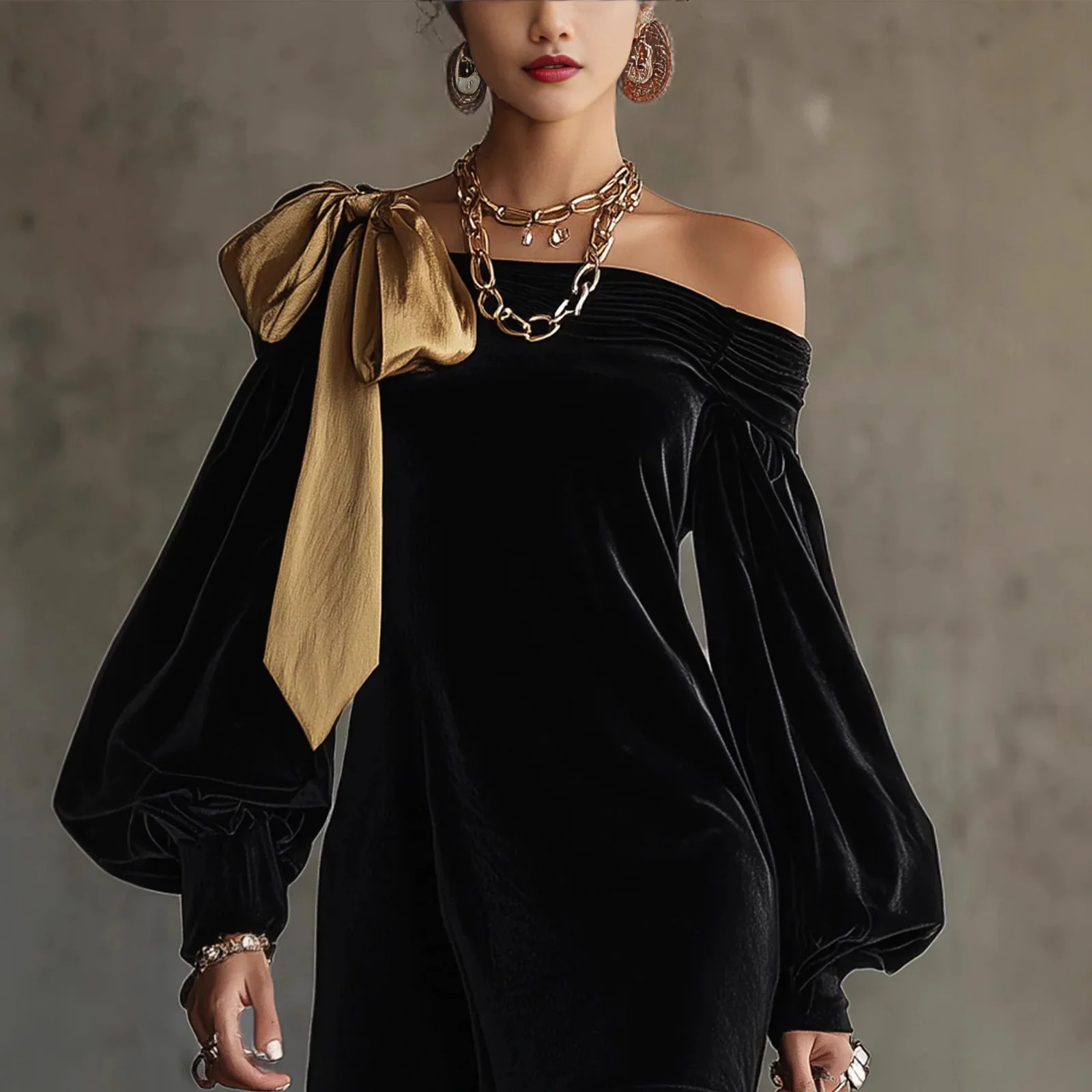 حفلة كوكتيل قبالة الكتف فانوس كم طويل ربطة القوس فيونكة خمر المخملية فساتين صغيرة الخريف الشتاء فستان حفلة أنيقة