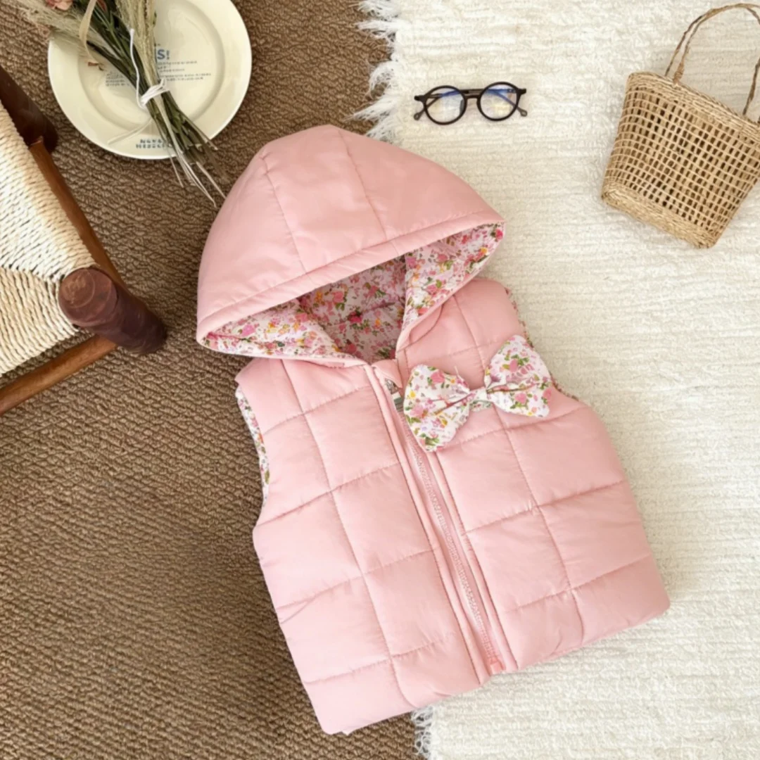 

Пальто для маленьких девочек, зимнее однотонное пальто с капюшоном и бантом, без рукавов, милые теплые жилетки с героями мультфильмов, куртка для маленьких девочек, одежда для малышей