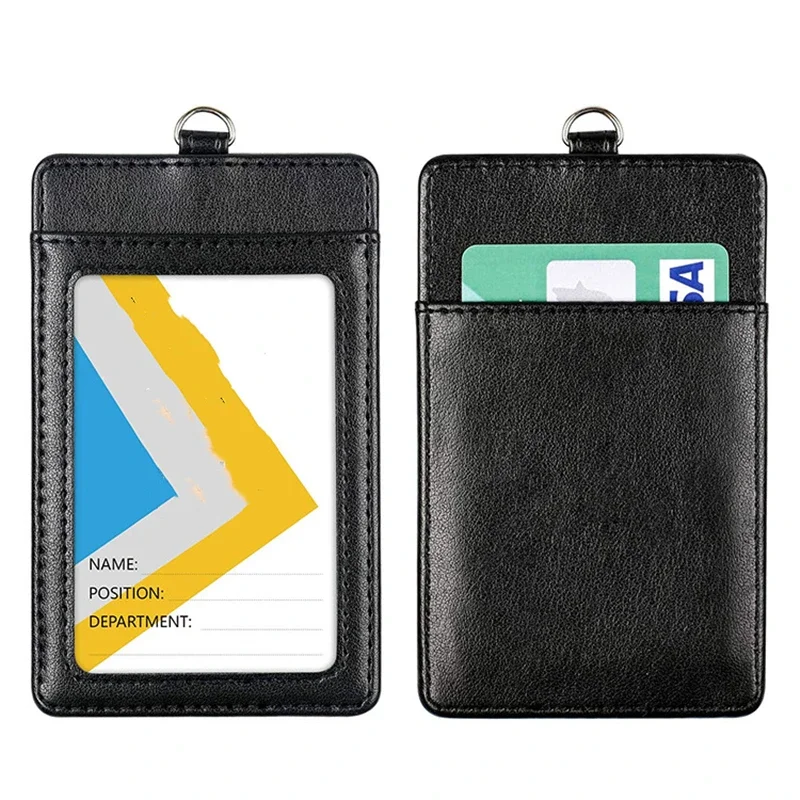Women Men Black Card Wallet Retractable Key Chain Lanyard for Keys ID Card PU Leather Bus Pass Card Case Cover Badge Holder