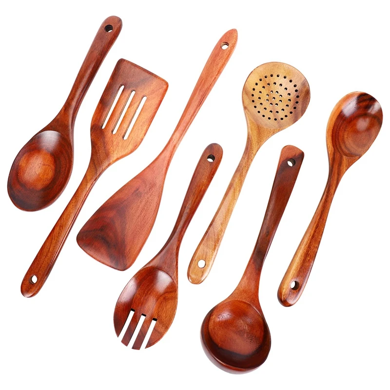 

7 PCS Teak Wooden Kitchen Cooking Utensils, Non-Stick Spoons And Spatula Cookware For Home And Kitchen Retail