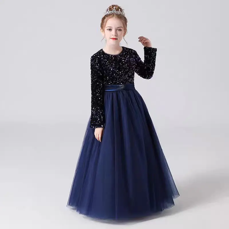 Children's Dress Pompous Yarn Girls' High-end Princess Dress Burgundy Piano Test Performance Dress Girls' Host Dress Long Dress