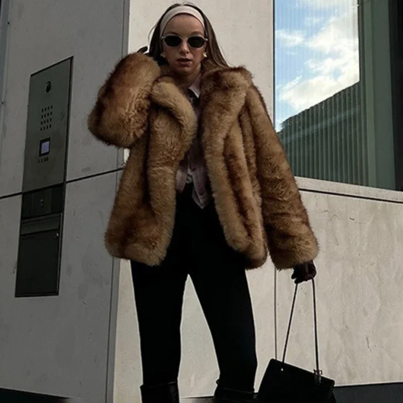 Luxe gradiënt nepbontjas dames chique meisjes revers wintermode oversized vintage vrouwelijke warme harige overjas