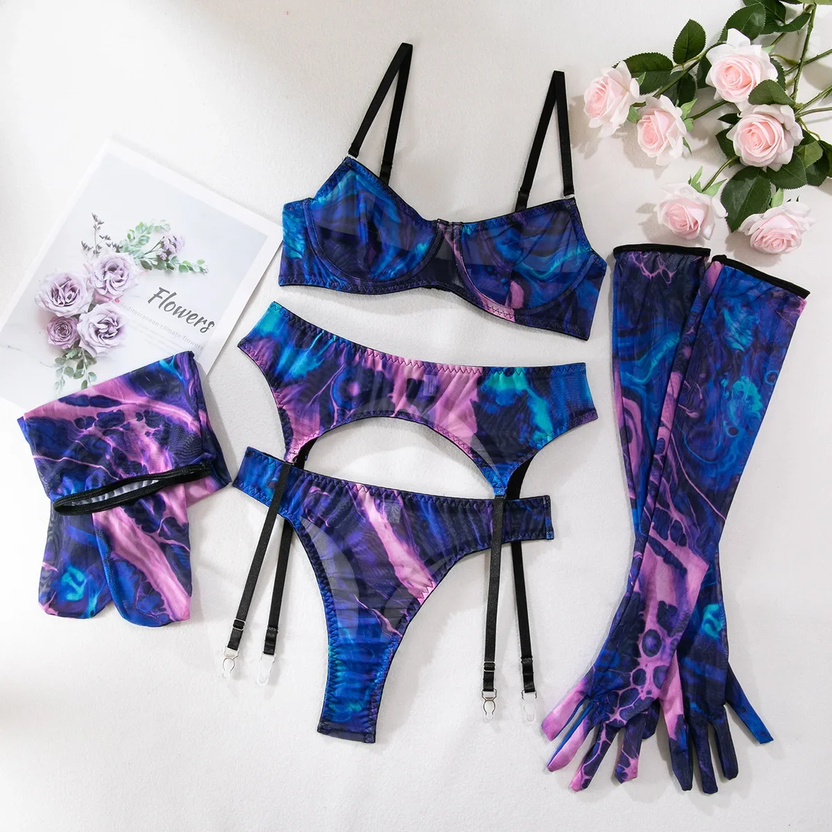 Sexy Perspective Breast Gather Printed Lingerie Set with Gloves Leg Set for Women's Five Piece Set Female Fun Bra & Brief Sets