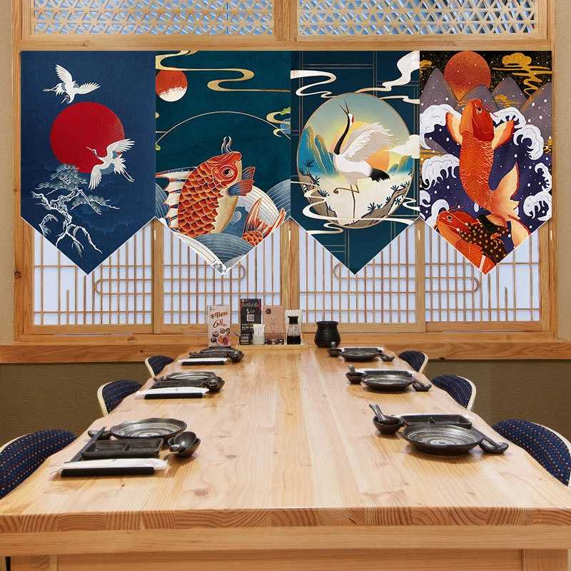 Japanese Ukiyo-e Crane Koi Fish Triangle Pennant Curtain Traditional Wave Print Window Valance Sushi Restaurant Home Door Decor
