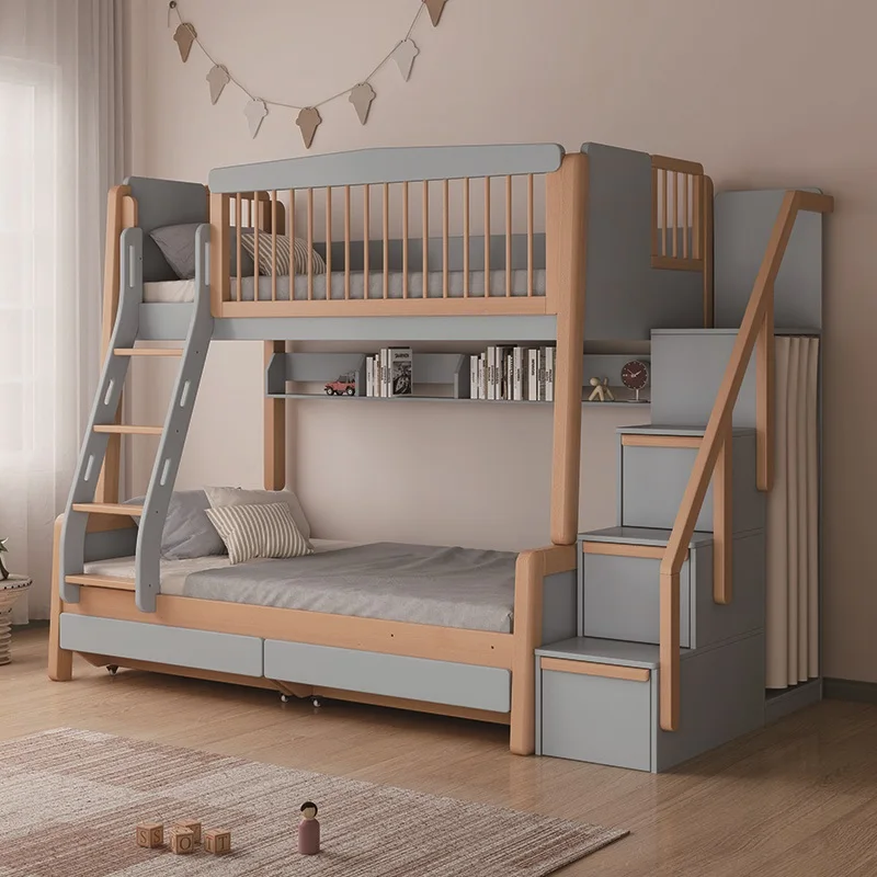 Factory Direct 2026 Factory Direct Wooden Furniture Double Bed Solid Wood Bunk Kids Bed with Stairs Ladders for Adult Children