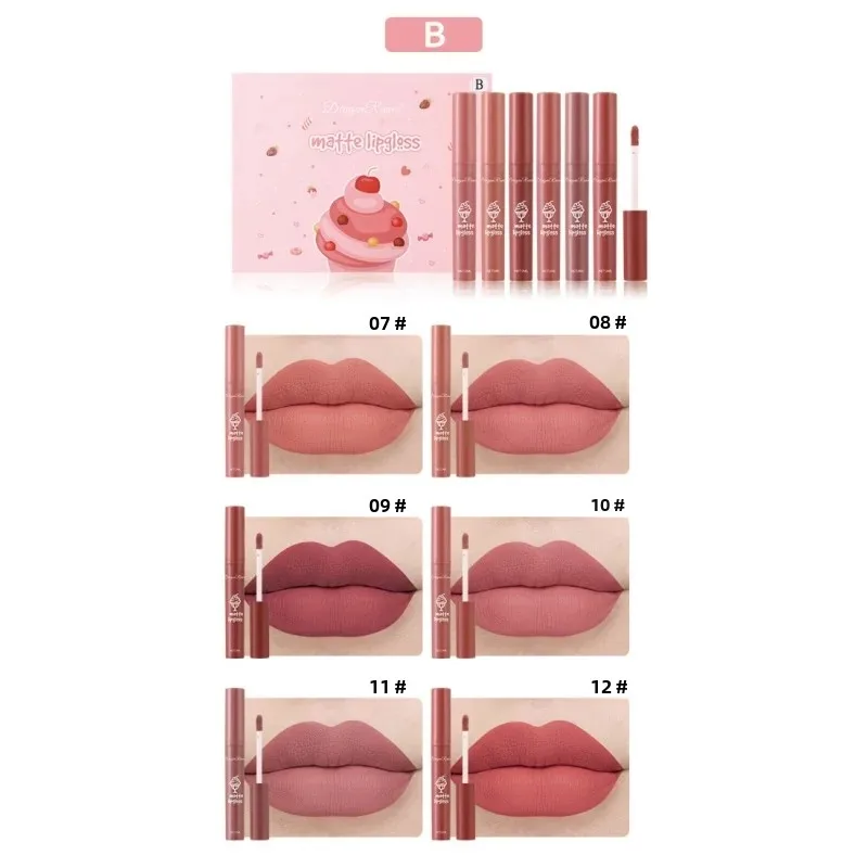 Dragon Ranee Lip Glaze 6 szt. Aksamitny matowy mini zestaw balsamów do ust Wysoce pigmentowana, długotrwała wodoodporna, odporna na pot szminka Rude