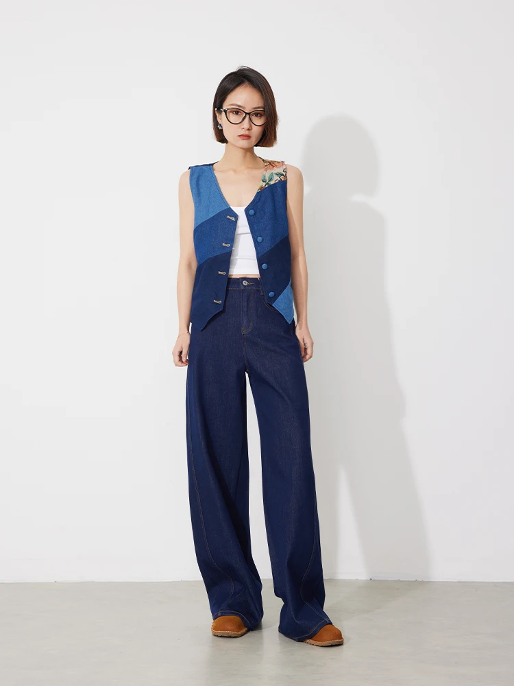 

Женские джинсы с высокой талией свободного кроя, серия Rugosam, новинка ранней весны, прямые брюки-трубы с застежкой-молнией и дизайном в стиле пэчворк