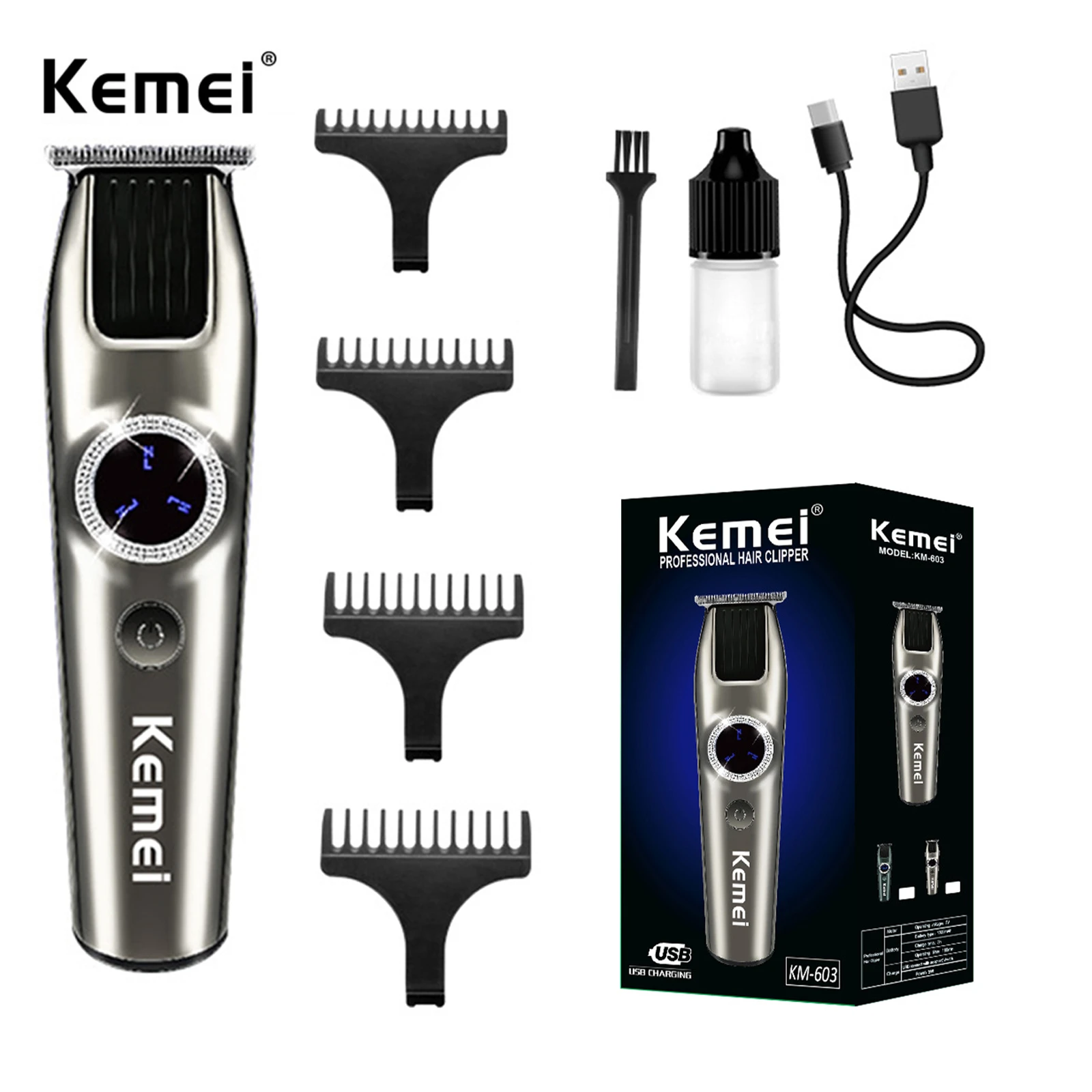 

Kemei Hairdresser KM-603 cross-border new LDE LCD digital display shaver electric scissors USB charging hair clipper