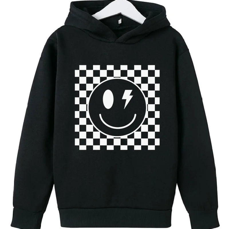 Kids Hoodie Checkerboard Lightning Smiley Face Print Long Sleeve Pullover Casual Boys Girls Hooded Sweatshirt Daily Tops