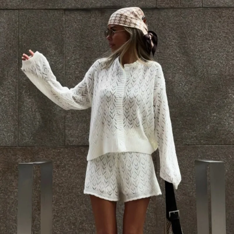 

Tuularose White Knit Shorts 2-piece Set Women's Fashion Hollow Knit Cardigan Sexy Shorts Sets Casual Vacation Female Short Sets