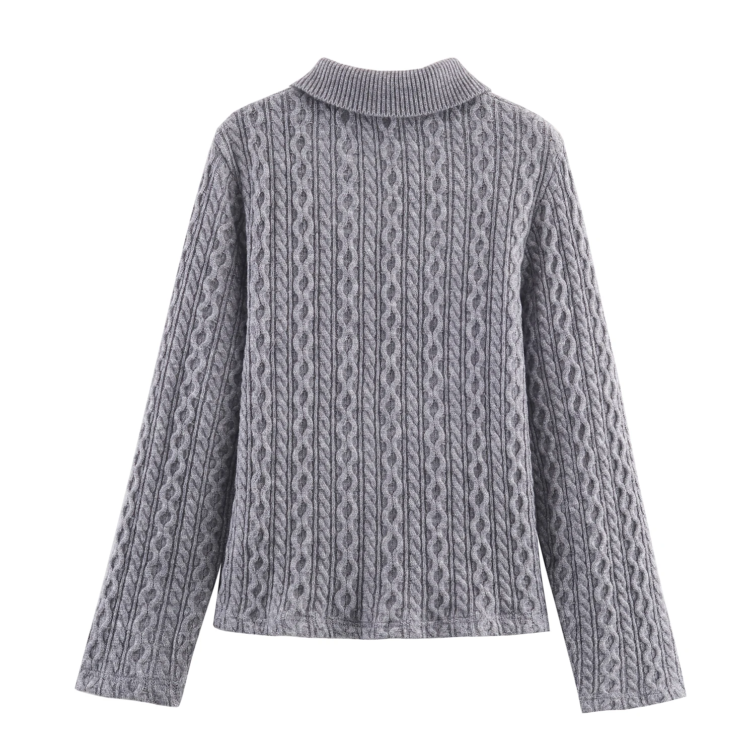 Europejski i amerykański styl, nowa kolekcja jesień-zima 2025, modny, elegancki sweter z dzianiny o sześcio- lub ośmiowarstwowej strukturze, ozdobiony biżuteryjnie dekoltem.