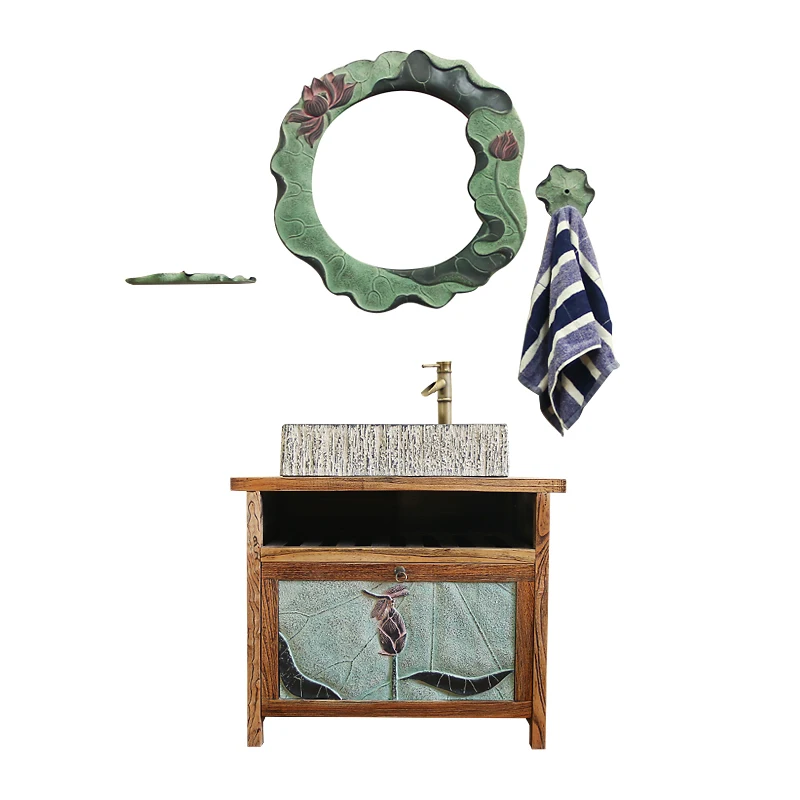 

Chinese antique solid wood bathroom basin cabinet combination countertop sink new Chinese retro light luxury washbasin