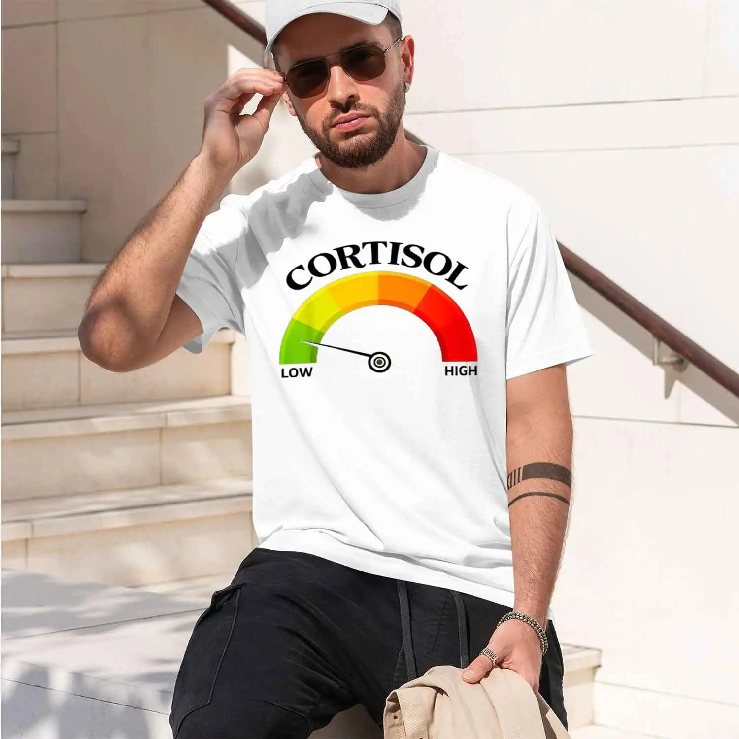 Cortisol Level Gauge Design Men's T-Shirt Stress Management Theme Casual Wear For Everyday Use Perfect Gift For Fitness Enthusia