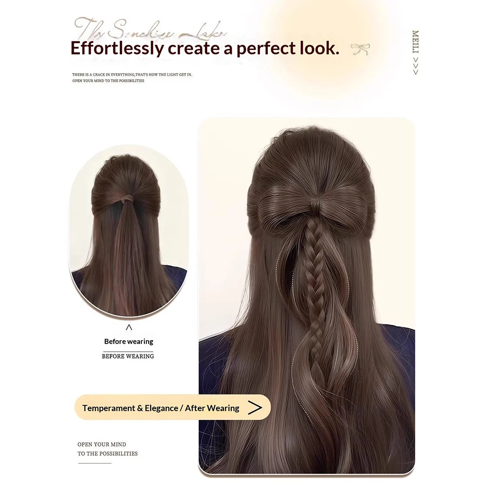 Synthetic Bow Half Tied Ponytail Fluffy Wavy Wig Braid Catch Clip Contract Ball Head Braid Fake Ponytail Extension for Women