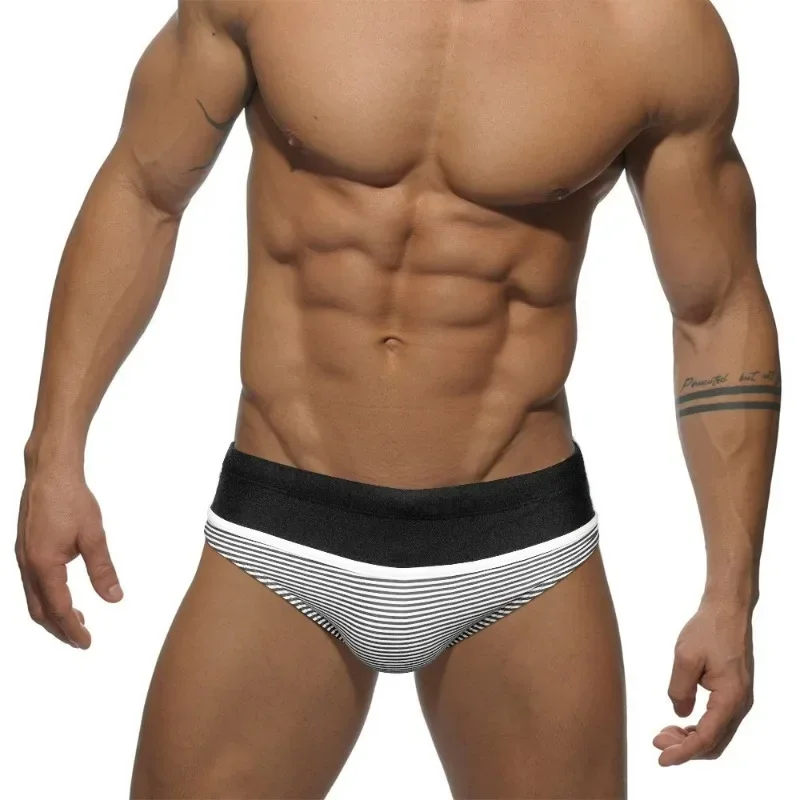 Men Swimsuit Contrast Stitching Stripes Swimming Briefs Mens Breathable Bathing Sunbath Swimwear Man Push-Up Pad Suit Beach