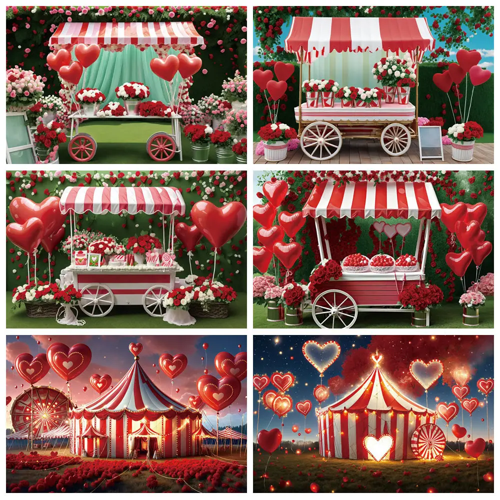 

MOON.QG Valentine's Day 2025 Photography Backdrop Circus Red Tent Cart Photozone Background Adult Photo Studio Photobooth Props