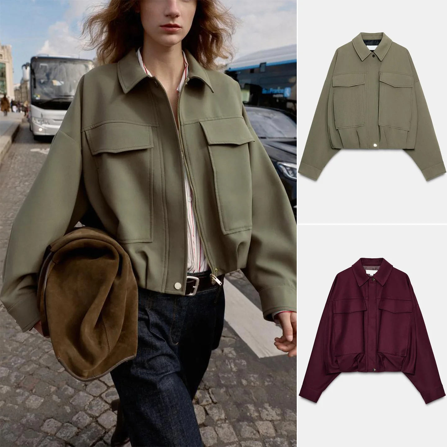 

Autumn Winter Women's Zipper Trimmed Long Sve Pleated Hem Pilot Jaet Coat Casual Loose Fit Polyester Fiber ort Sle
