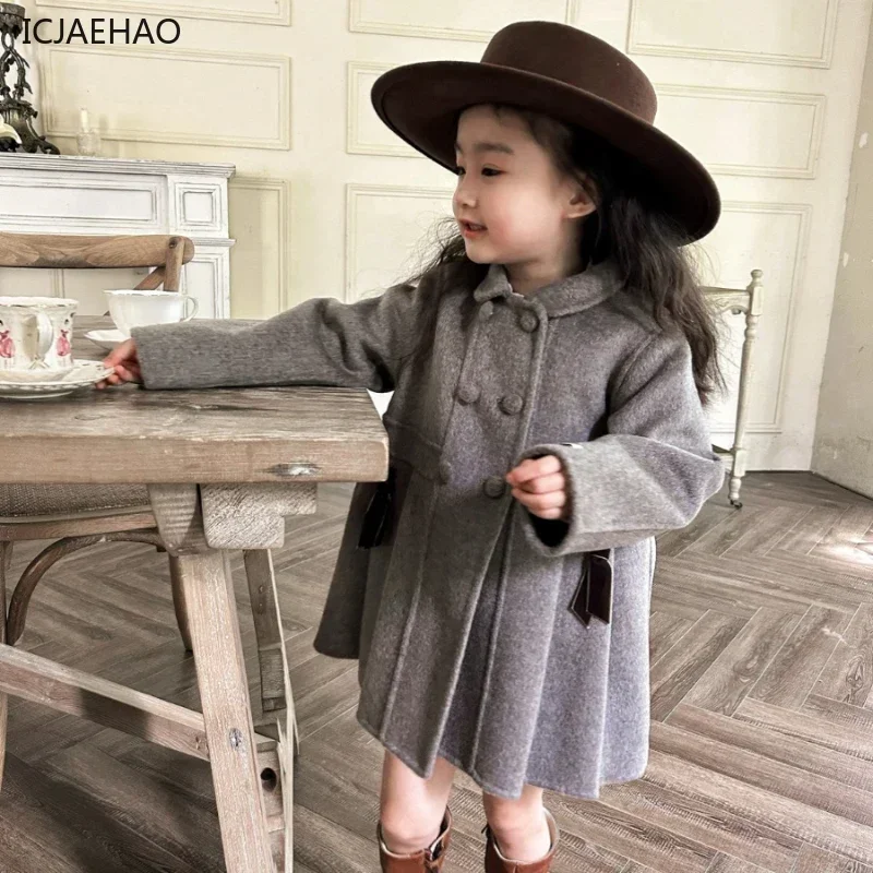 2025 Children's Outdoor Coat Vintage 100% Wool Winter Handmade Kids Girl's Double Cashmere Grey Brown Pleated Outerwear Jackets