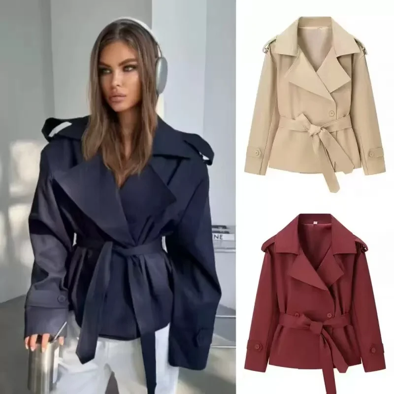 Women Short Trench Coat Lapel Double Breasted Belted Waist Slim Windbreaker Long Sleeve Casual Outdoor Jacket