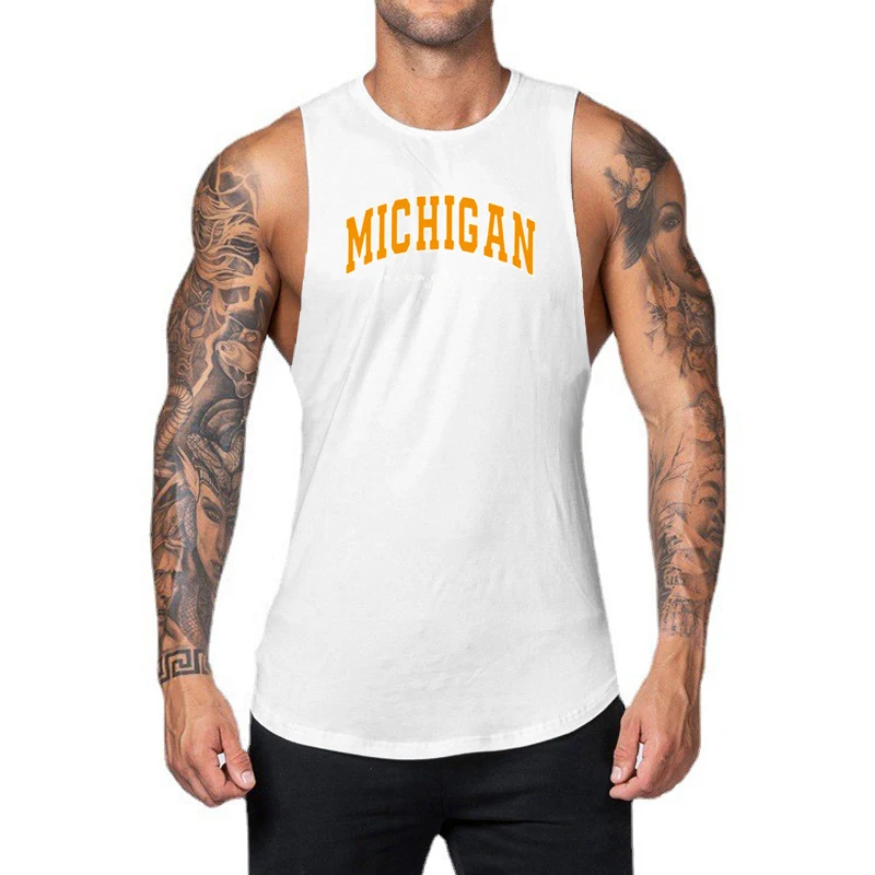 

Michigan Midwestern USA Print Gym Fitness Sleeveless Loose Tank Tops Summer Cotton Breathable Cool Men Bodybuilding Casual Shirt