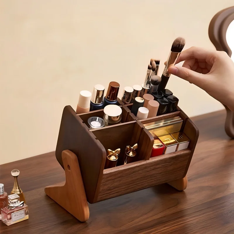 

Solid Wood Cosmetic Storage Shelf, Desktop Makeup Brush Perfume Holder, Multi-Compartment Vanity Lipstick Eyeshadow Organizer