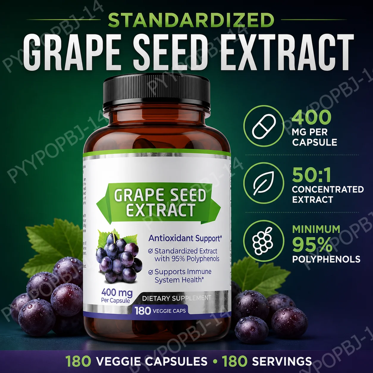Grape Seed Extract 400mg Veggie Capsules, 50:1 Concentrated Formula with 95% Polyphenols, Daily Antioxidant Support, 180 Count