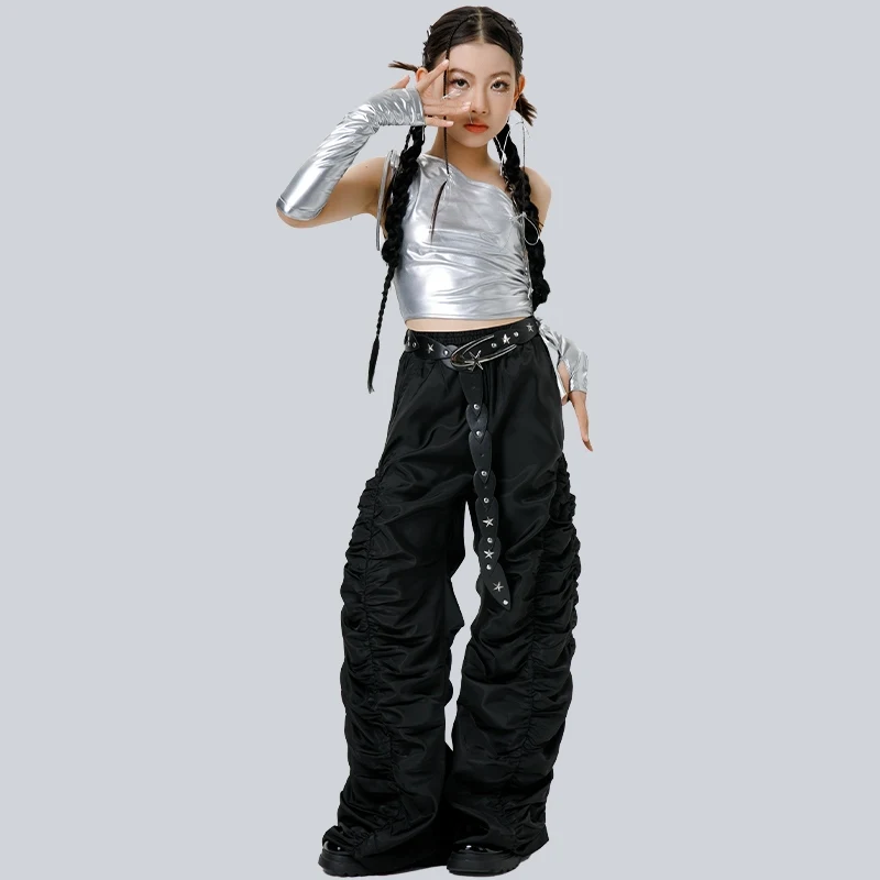 2025 جديد أزياء رقص الجاز الحديثة للفتيات بلوزات فضية السراويل السوداء الشارع الشهير الاطفال الهيب هوب الرقص أداء وتتسابق DQS20777