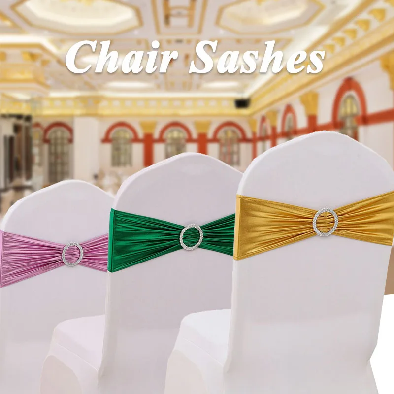 1Pcs Chair Sashes With Buckle Metallic Gold Spandex Belt Knot Cover Bow Ties For Hotel Wedding Party Banquet Events Decorations