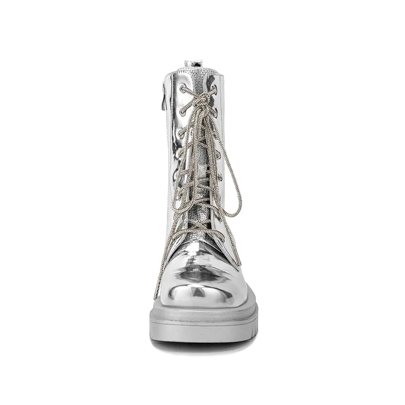 2026 Silver Belt Buckle Cross Strap Rhinestone Short Boots Casual Motorcycle Thick Sole Knight Boot Women Winter Silver Shoes