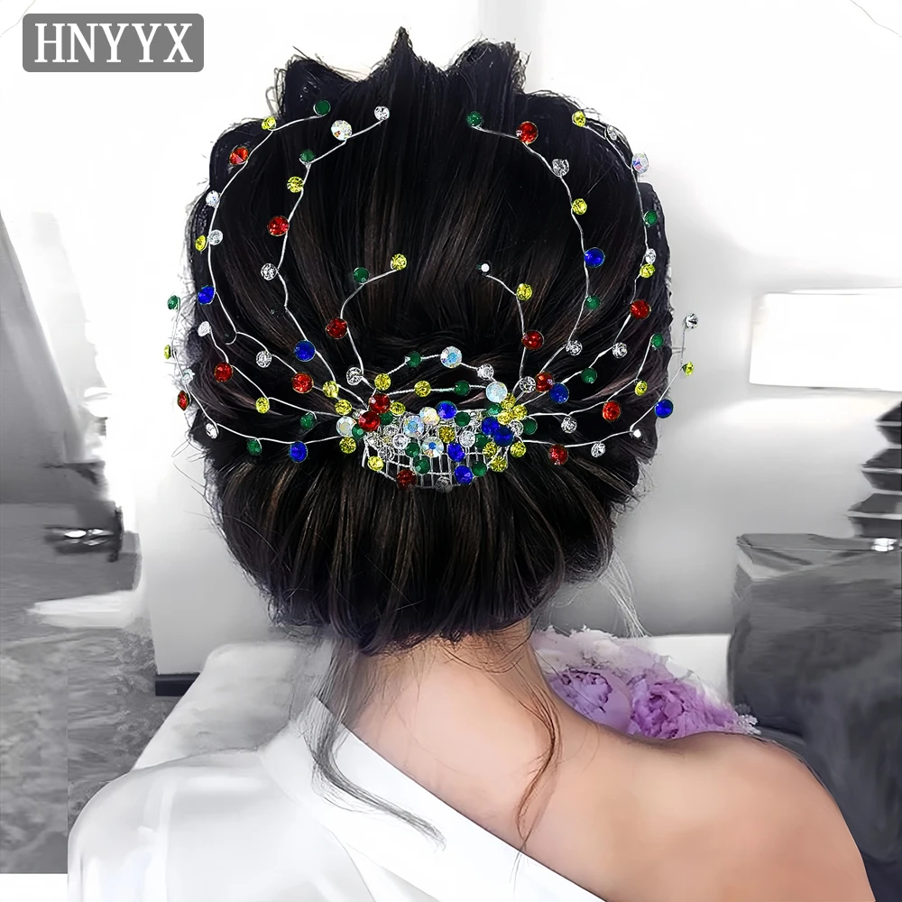 HNYYX Crystal Hair Comb Clip Colored Rhinestone Hair Comb Handmade Women's Bridal Wedding Hair Ornament Jewelry A268 image 4