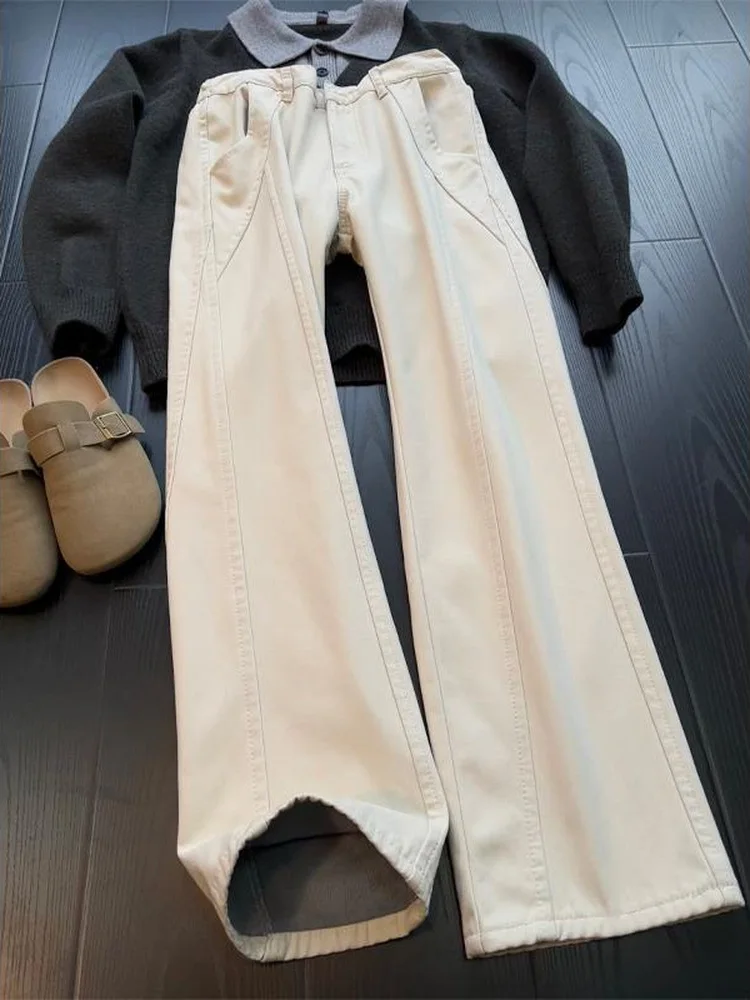 

Waed Pure Cotton Men's Jeans Side Cut Fce Lined Bootcut Straight Leg Trousers Slimming Effect Casual Low Waist Zipper