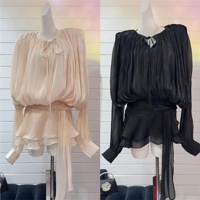 فستان قصير أنيق بأكمام طويلة منتفخة للنساء جديد أنيق برقبة على شكل حرف v وخصر عالٍ فساتين الحفلات المسائية للسيدات لقضاء العطلات