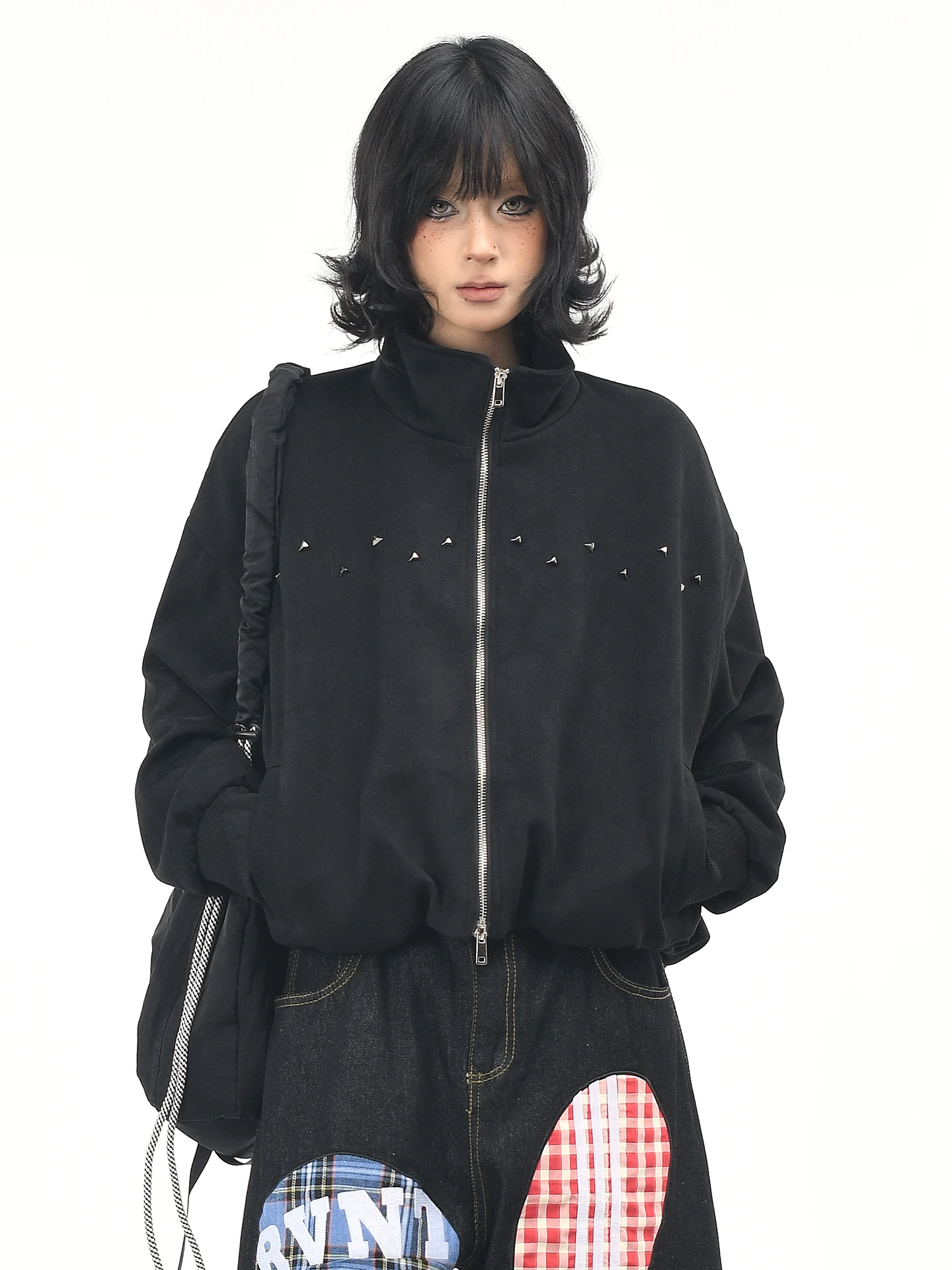 

OV Original American Sle ort Jaet with Rivet Design Stand Collar Loose Casual ex Streetwear Autumn Faion