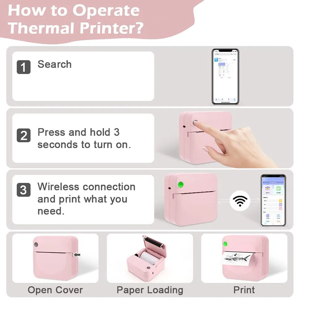 GOB-oPrinter Saku Termal Mini Portabel, Printer Foto Ponsel Pintar, Nirkabel Tanpa Tinta Termal Mini