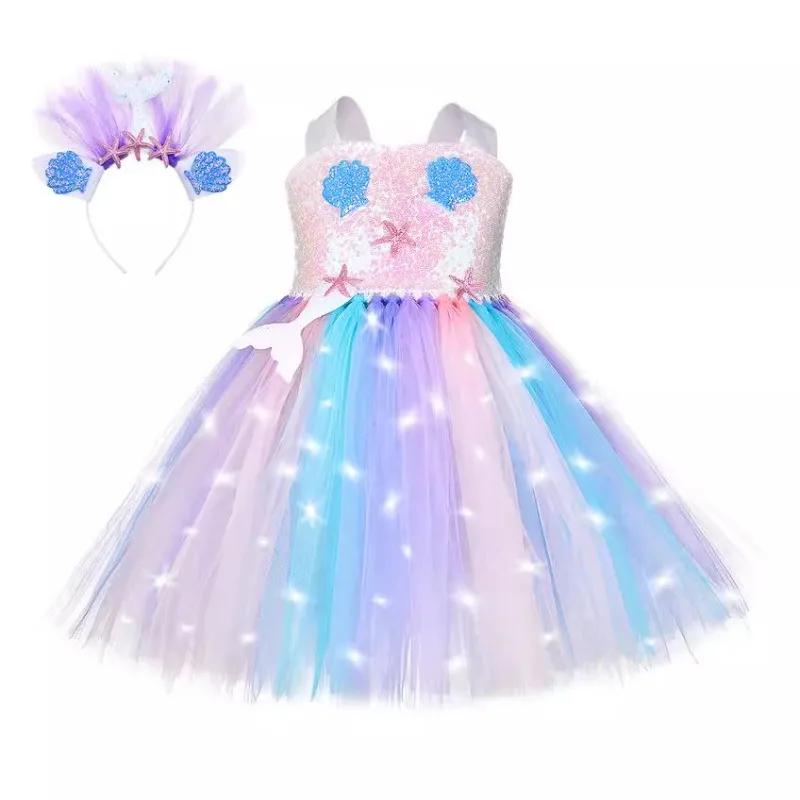 Girls' party dress with LED lights,tulle tutu skirt decorated with starfish and shell patterns,Halloween stage performance dress