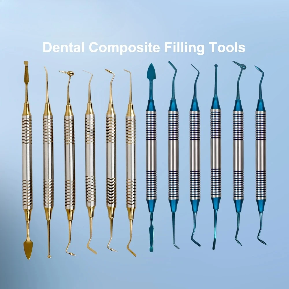 6Pcs/Kit Orthodontic Composite Resin Filling Spatula Restoration Tool Titanium Plated Head Resin Filler Set Thick Handle
