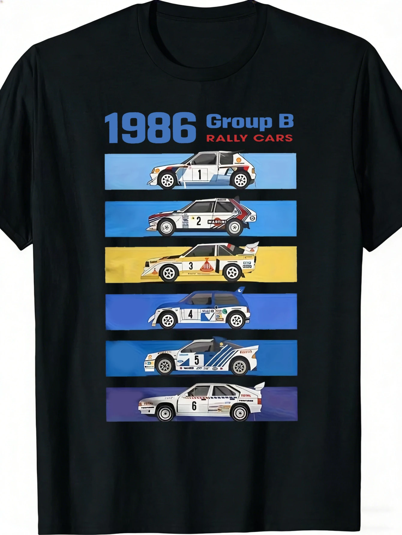 Unisex T-Shirt Black 1986 Group B Rally Cars Graphic Print 100 Fashionable Casual Wear Regular Fit Perfect for All-Season