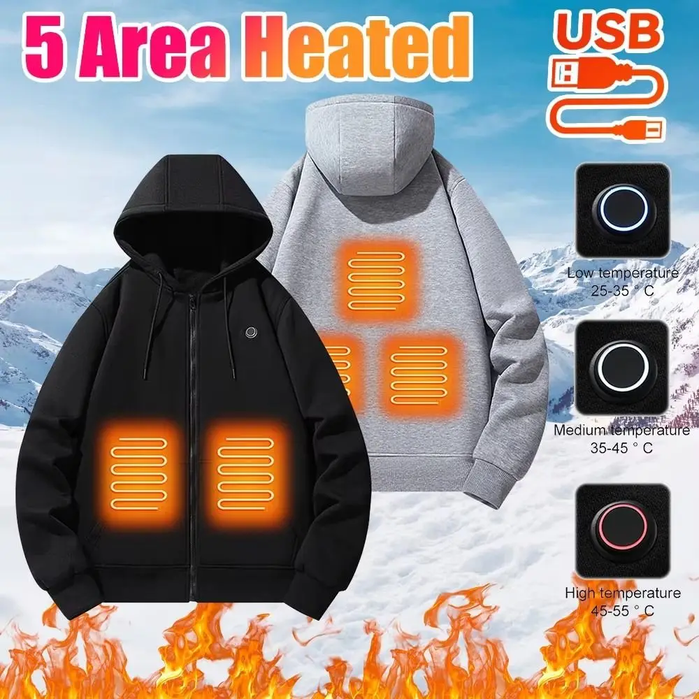 USB Heated Hoodies Lightweight Keep Warm Electric Puffer Jackets Washable 5 Heating Zones Winter Heated Sweatshirt