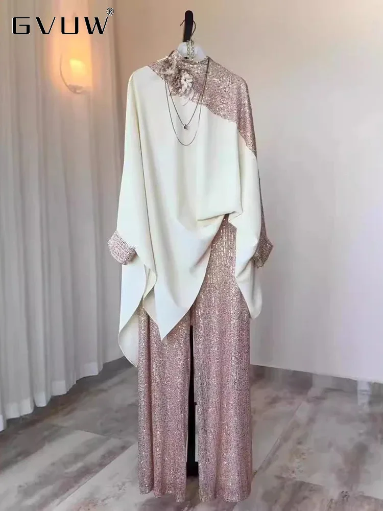 GVUW Fashion Pants Set Women Sequins Full Sleeve Tops + Wide Leg Trousers Elegant Lady New 2025 Spring Fashion Sets 17G9470