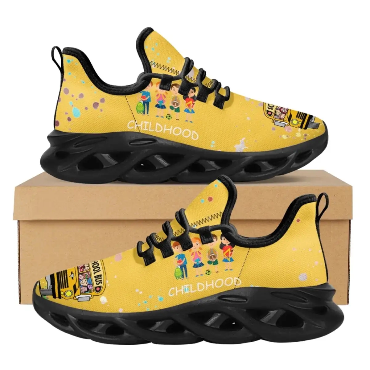 

Cartoon School Bus Driver Childhood Printed Platform Shoes Outdoor Lace-Up Mesh Sneakers Back To School Non-Slip Running Shoes