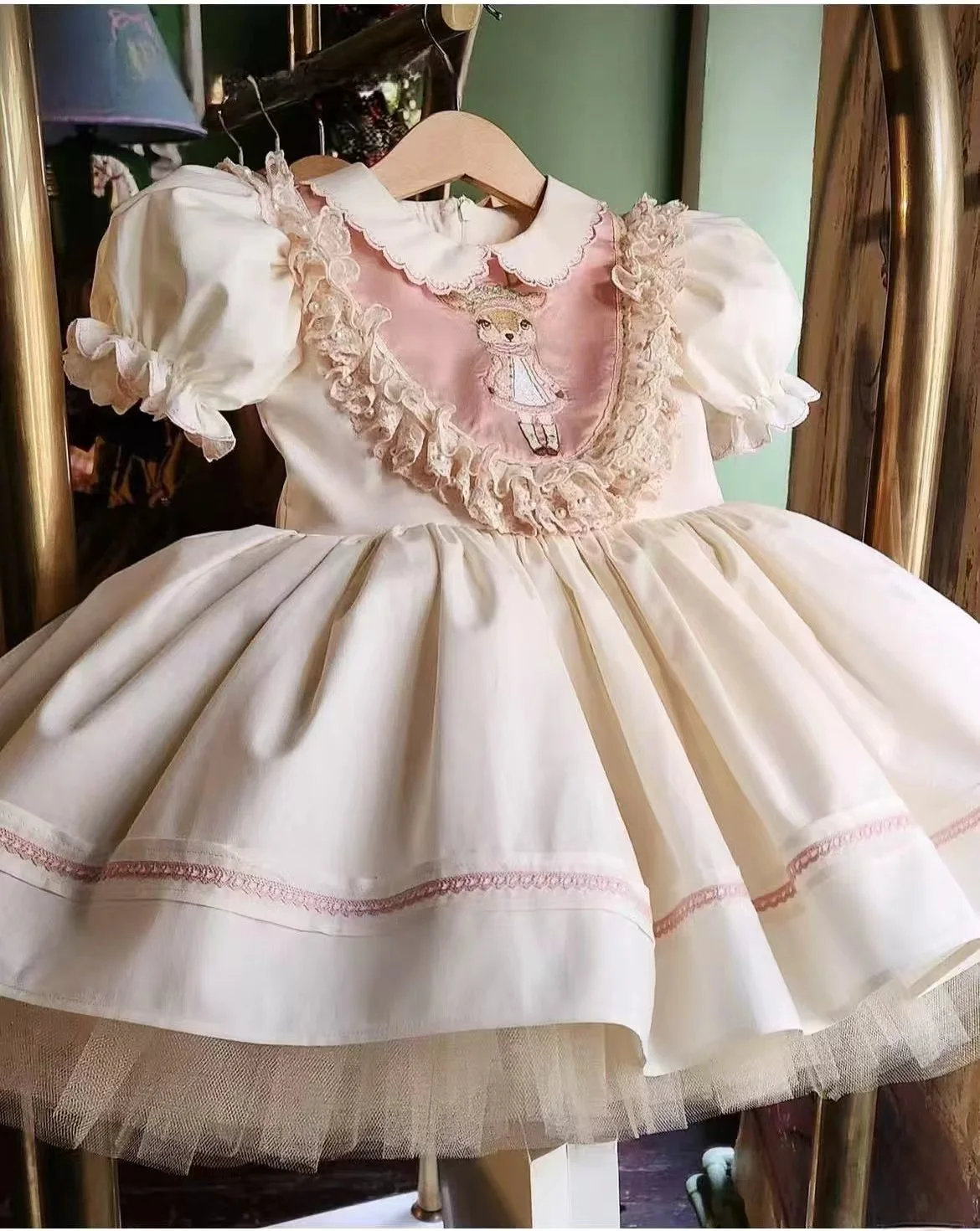 0-12Y Baby Girl Deer Embroidery Beige Vintage Princess Dress for Holiday Birthday Photography B324