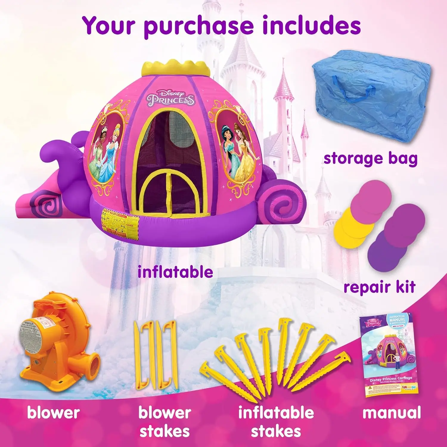 Princess Carriage Inflatable Pink Bounce House with Slide and Ball Pit, Indoor Outdoor Bouncy Castle with Air Blower Kids