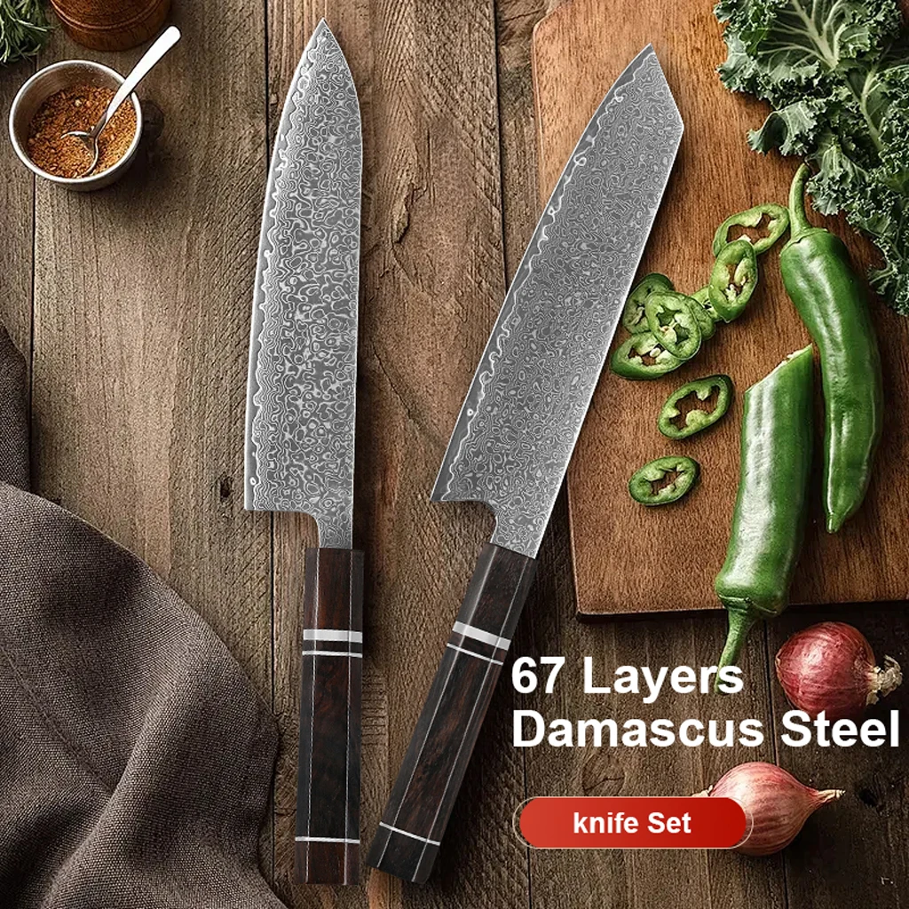 

2-pieces 8 inch Damascus steel Chef knife Kitchen Vegetable Meat Slicing kitchen knife with Ebony solid wood handle