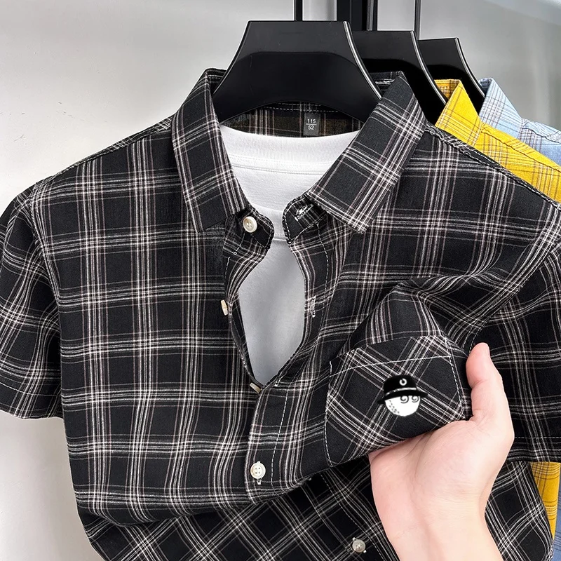 Highquality 100%cotton Summer Man’s Shirt Featuring Lapel Real Pockets Checkered Print Fashionable Minimalist Mens Clothing Top
