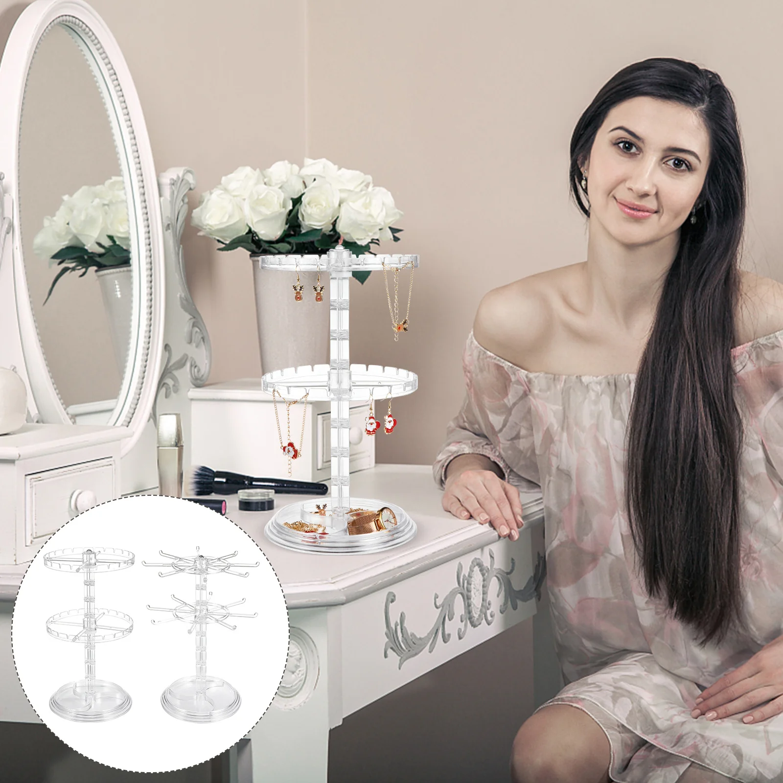 2 قطعة حامل عرض المجوهرات القابل للتدوير 2-Layer القرط تخزين الرف انفصال المنظم ل قلادة تخزين أقراط الوقوف