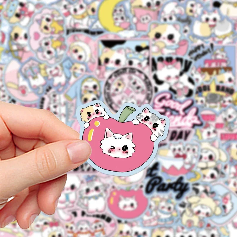 60PCS Cute Cream Puff Cat Group Stickers Cartoon Cute Cat Doodle DIY Scrapbook Mobile Phone Case Suitcase Waterproof Decal Toys