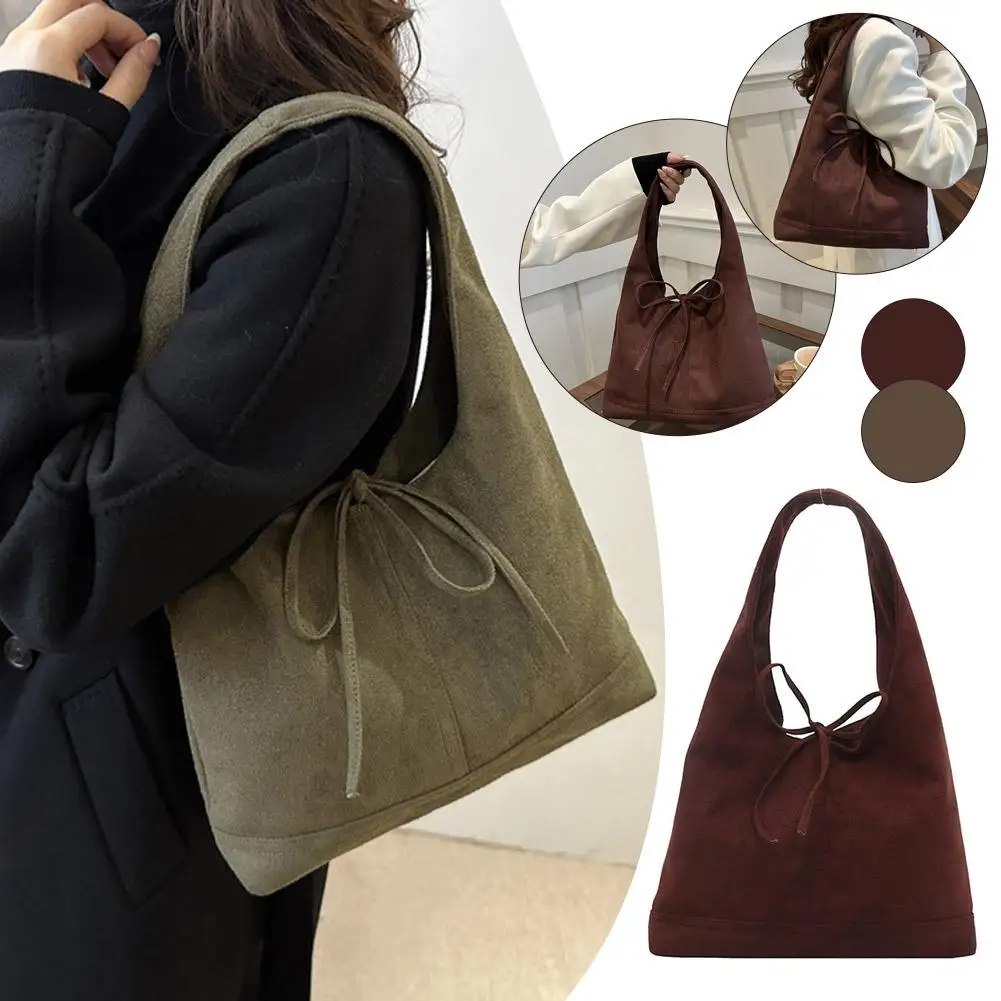 

Женская замшевая сумка-тоут, винтажная повседневная сумка с завязками и бантом, повседневная большая сумка на плечо для женщин, офиса, путешествий на открытом воздухе