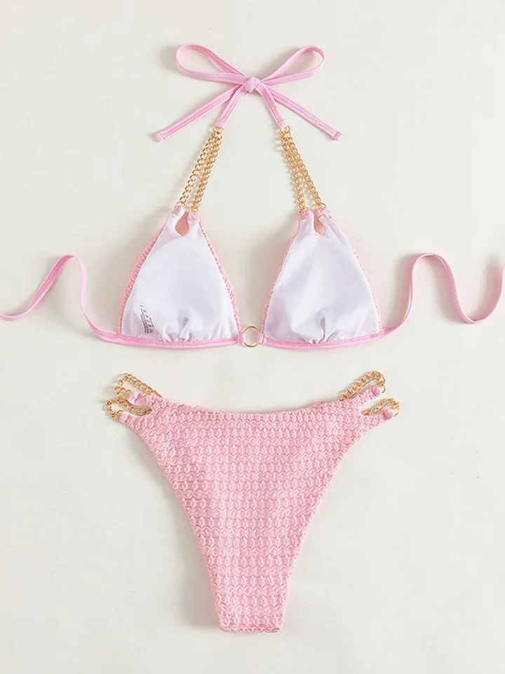 Vzvn Sexy Chain Laced Up Bikini Set For Women Split Swimsuit Beach Brazil Bikini 2026 New All Season Backless Bikini 2 Piece Set
